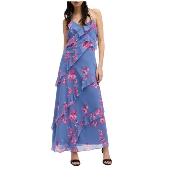 NWT AllSaints Marina Iona Floral Halter Maxi Dress in blue and pink Size 0